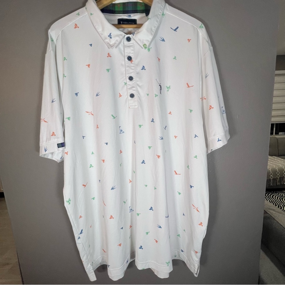 William Murray Men’s Golf Polo Shirt Size XL White Birds Stretch Allover Print
